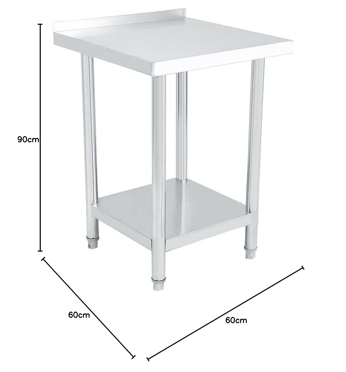 WT2424B - Mesa de trabajo de cocina con cantos ajustables para gastronomía, mesa de acero inoxidable, 60 x 60 cm, acero inoxidable