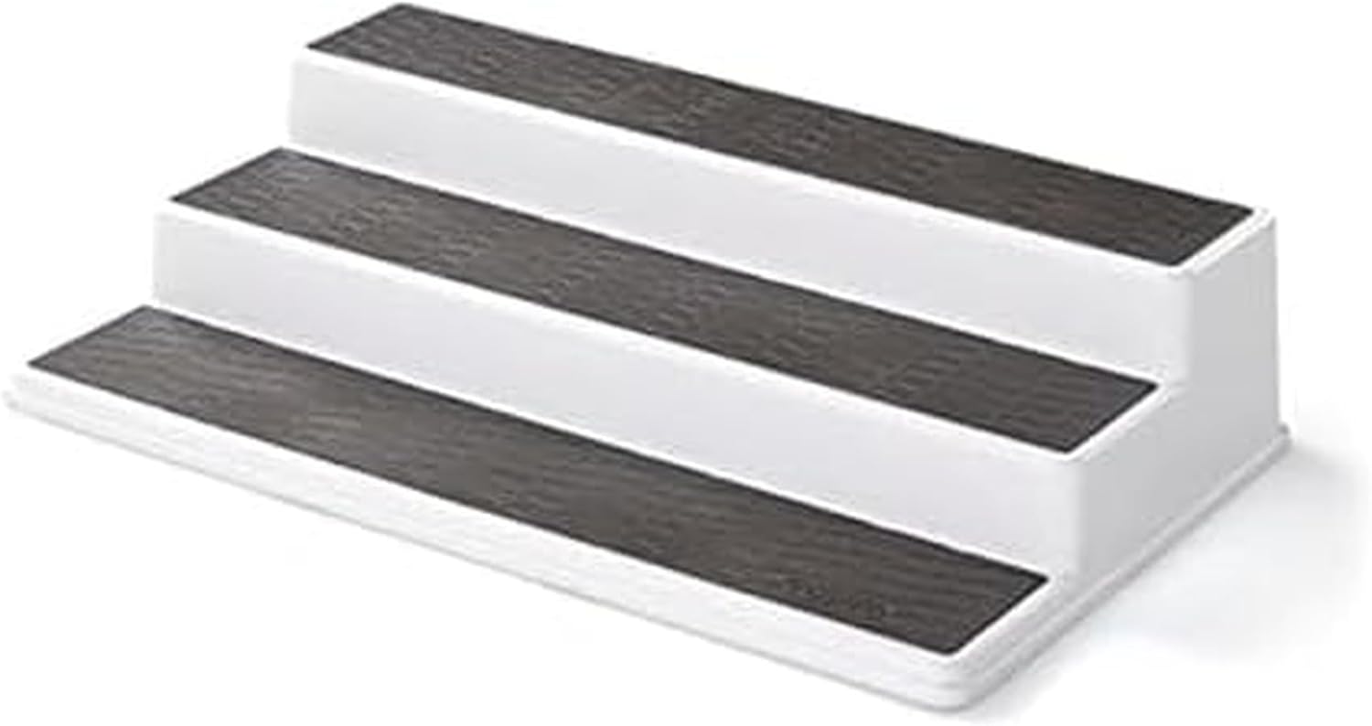 Product image of Copco 3-Tier Non-Skid Spice Rack Organizer for Kitchen Cabinet or Pantry, 15-Inch Tiered Shelf, White/Gray, Slip-Resistant Design for Jars and Bottles