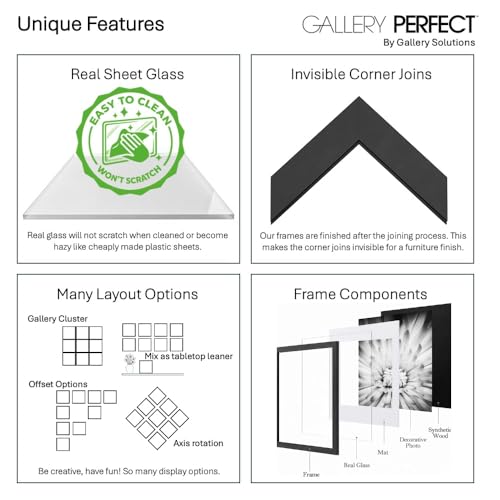 Gallery Perfect 12x12 Picture Frames, 9 Piece Set with Real Glass Cover for 8x8 Photos With Mat, Picture Frames Collage Wall Decor for Gallery Wall, Home Decor, Black by GALLERY PERFECT - Image 6