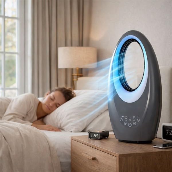 Bilake Ventilador Sin Aspas | 50W 3 Velocidades | Mando y Temporizador | Oscilante, Seguro y Silencioso (Gris | Con Luz Led)