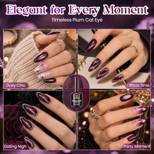 Image of Beetles Deep Purple Cat Eye Gel Polish, 15ML Mystic Plum Magnetic Gel | Glass Purple Cat Eye Glitter Shimmer Gel Sheer Translucent Effect With Magnet Soak Off UV Fall Nail Art Gift for Women
