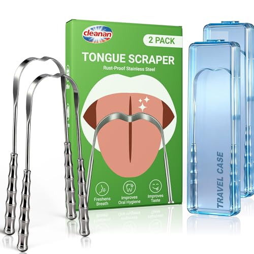 Metal Tongue Scraper for Adults & Tongue Cleaner (2 Pack), Stainless Steel Scrapers with Travel Cases, Reduce Bad Breath & Remove Tongue Coating, Smooth U-Shape Design