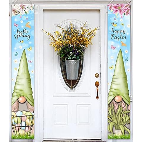 Easter Gnomes Porch Sign Banner-Happy Easter Hello Spring Door Hanging Banner Supplies,Outdoor Easter Decoration for Porch Cover