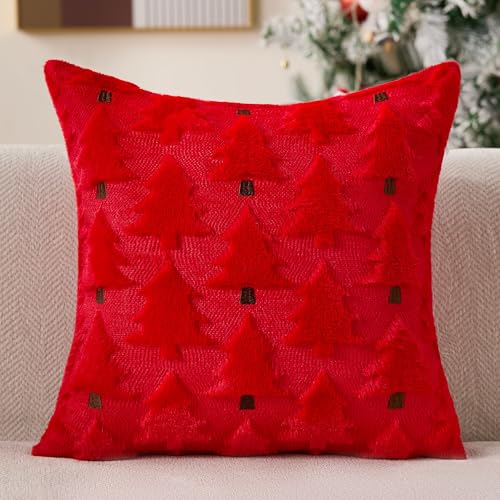 Image of Allorry Christmas Pillow Covers 18x18 inch Set of 2 Christmas Decorations Soft Plush Faux Fur Wool Red Christmas Tree Throw Pillow Cases Winter Holiday Decor for Sofa Living Room PT012Q18