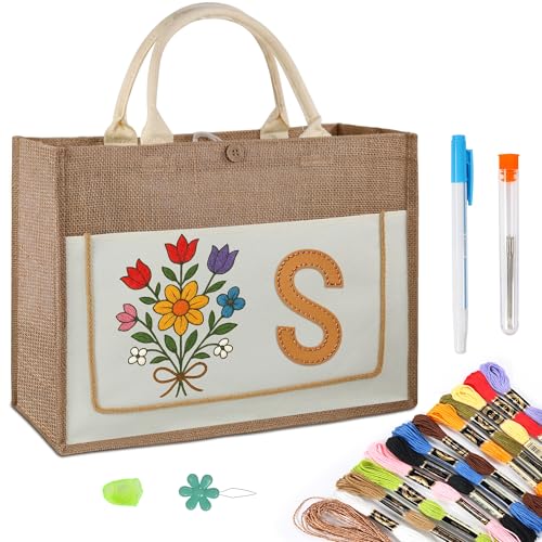 guofa Kit de sacola bordada personalizada – Bolsa de viagem de linho reutilizável com letra inicial de couro, ferramentas de costura (P)