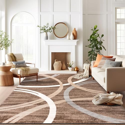 Rugshop Modern Wavy Circles Design Area Rug 10' x 14' Brown