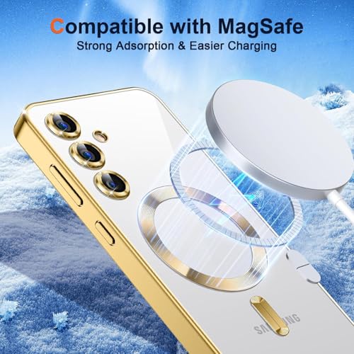 Image of VONZEE Clear Logo Electroplating Transparent Case for Samsung S25 FE 5G, Magnetic Plating [Support for MagSafe Charger] Electroplate TPU Cover, Individual Camera Protection for Each Lens - Gold