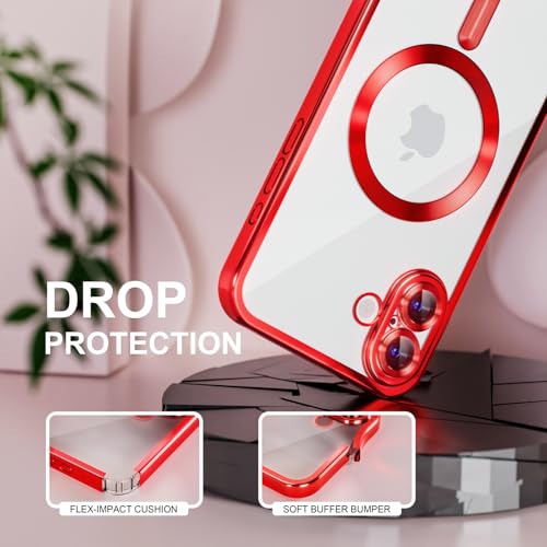 Image of Misea Magnetic for iPhone 16 Case Compatible with MagSafe Red | [Never Yellowing] [Military Drop Protection] Full Camera Lens Protector Plating Soft Clear Phone Case for Women, Red