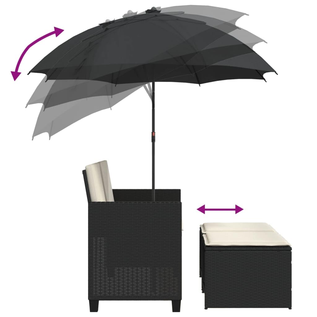 2-os. sofa ogrodowa z parasolem i stołkami, czarna, polirattan, komplet mebli tarasowych z poduszkami, stabilna stalowa rama, regulowany parasol, składane podnóżki, do na warunki atmosferyczne