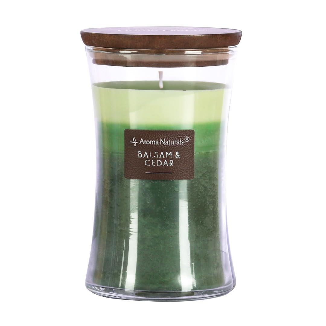 Aroma Naturals Candele profumate a 3 strati, Candela di soia con clessidra, Brucia fino a 100 ore, Cera di soia naturale, Coperchio in legno, 21,52 once (Balsamo e cedro)