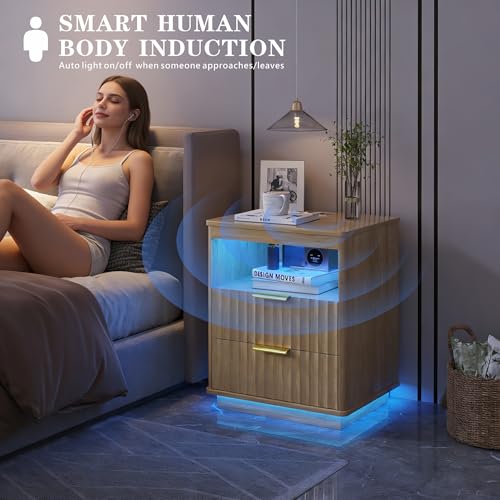 Dystler Nightstand with LED Light, Modern Night Stand with 2 Drawers and Charging Station, Smart Bedside Table with Human Sensor for Bedroom, Wood by Dystler - Image 5