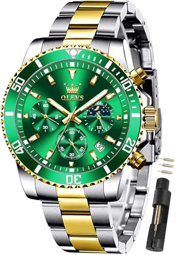 Image of OLEVS Watches for Men Classic with Date Business Dress Luxury Big Face Green /Black /Blue Waterproof Luminous Mens Wristwatch Analog Two Tone Stainless Steel Male Watch