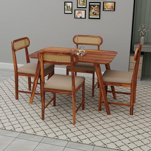 Image of Solid Sheesham Wood 4 Seater Dining Table Set for Home and Kitchen, Cane Furniture, Dining Set