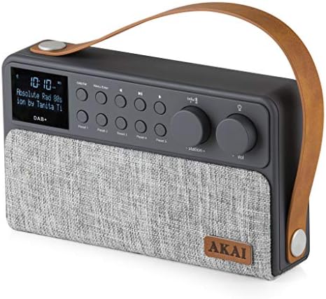 Akai A61028 Beautifully designed Portable FM/DAB Radio with Bluetooth, Rechargeable battery with 8 hours playback, Large LCD Display, leather strap for easy portability, 6 W Speaker, Grey Fabric