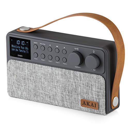 Image of Akai A61028 Beautifully designed Portable FM/DAB Radio with Bluetooth, Rechargeable battery with 8 hours playback, Large LCD Display, leather strap for easy portability, 6 W Speaker, Grey Fabric