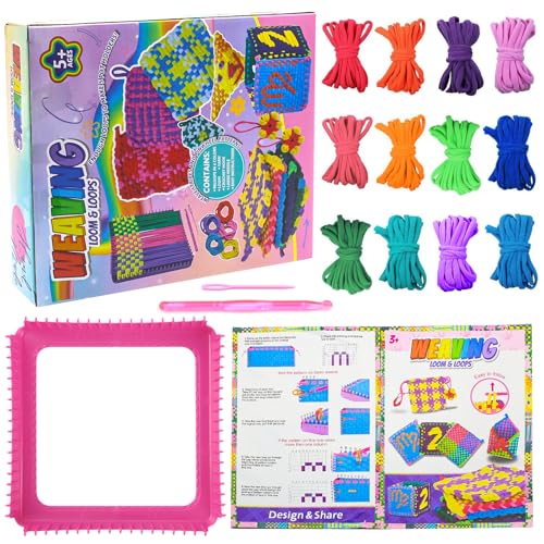 SAYHALO Webrahmen für Kinder, Hochwertiger Weben Groß 19 x 19 cm, Webrahmen Set inkl. 12-Regenbogen-Farben Wolle, 339 Handwerk Schleifen, Kinder Erwachsene Weben Webstuhl, DIY Weben Kit