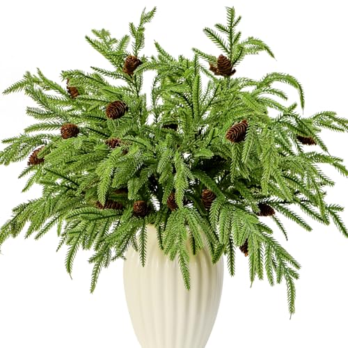 Kesywale Norfolk Pine Branches with Pine Cone 17' Christmas Greenery 8 Pack Green Artificial Pine...