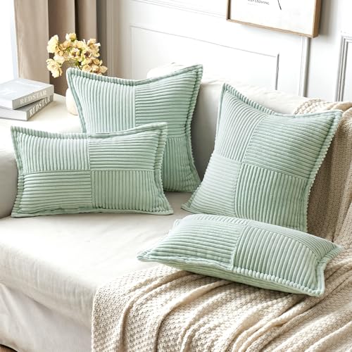 Image of MIULEE Decorative Throw Pillow Covers for Couch Bed Livingroom 18x18 Inch Set of 2 Mint Green Boho Accent Throw Pllows Broadside Striped Patchwork Soft Corduroy Summer Pillowcases