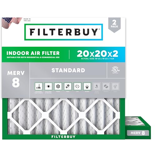Filterbuy 20x20x2 Air Filter MERV 8 Essential Dust & Allergy Defense (2-Pack), Electrostatic Pleated HVAC AC Furnace Filters Replacement (Actual Size: 19.50 x 19.50 x 1.75)