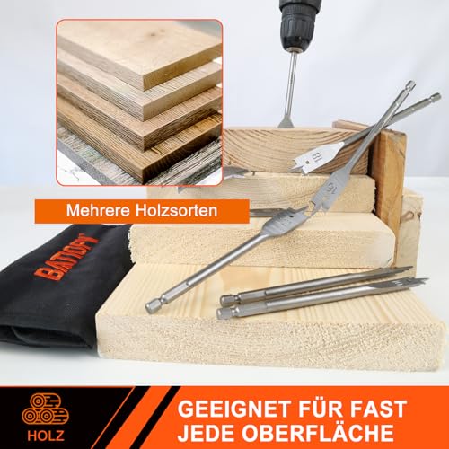 BATIOPV Spatenbohrer-Set Holz, 9-teilig, Ø 10–32 mm, flache Holzbohrer aus legiertem Stahl, 1/4 Zoll Schnellwechsel-Sechskantschaft, ideal für Holzarbeiten, mit Nylon-Aufbewahrungstasche