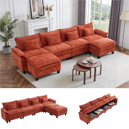 Image of IPKIG 151 inch Modular Cloud Couch with Storage, U Shaped Sectional Sofa with Ottoman & Pillow, Chenille Deep Seat Sectional Couches for Living Room, Apartment, Orange