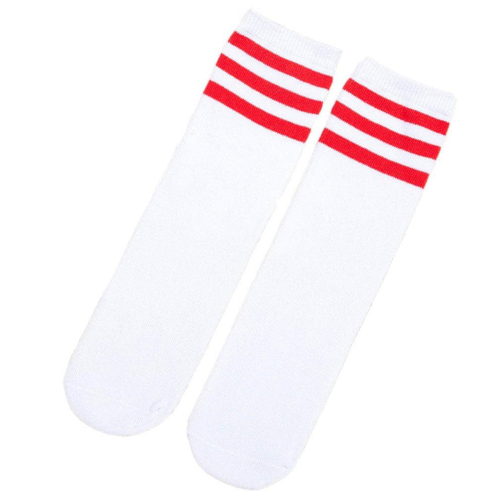 HugeDE Toddlers Kids Stripe Over Knee Soccer Tube Socks Knee High Sports Socks for Girls Boys White Red