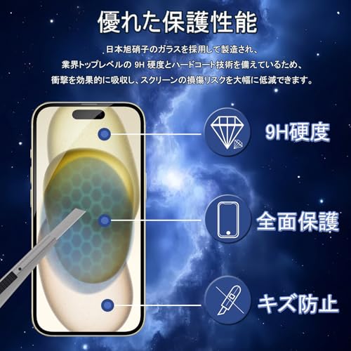 For iPhone15 /16 ガラスフィルム 液晶保護フィルム 国産旭硝子素材製 9H 表面硬度 強化ガラス 耐傷性 画面保護フィルム 2枚セット ガイド枠付き