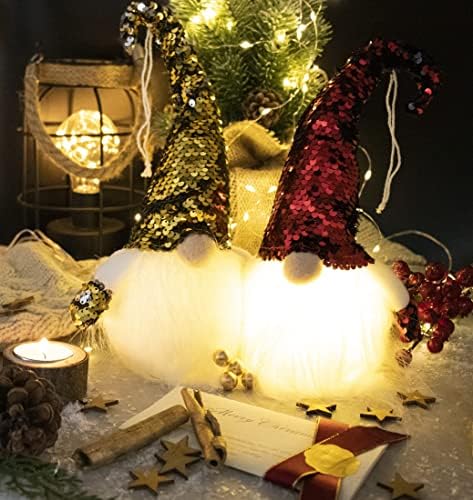 14″ Lighted Christmas Gnomes Plush, Handmade Sequins Hat Scandinavian Swedish Tomte, Santa Elf Ornaments with Light, Decorations for Christma Tree, Tabletop, 2 Set
