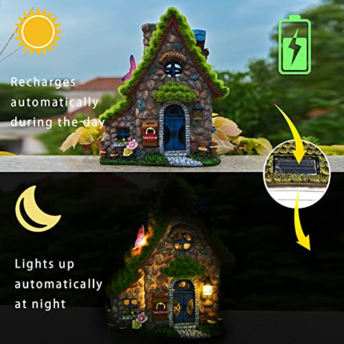 Asawasa Resin Fairy House Statues With Solar Powered Lights, Funny Garden Sculptures With Flocked And Cobblestone Decor, Exquisite Garden Cottage Figurines #TOP2