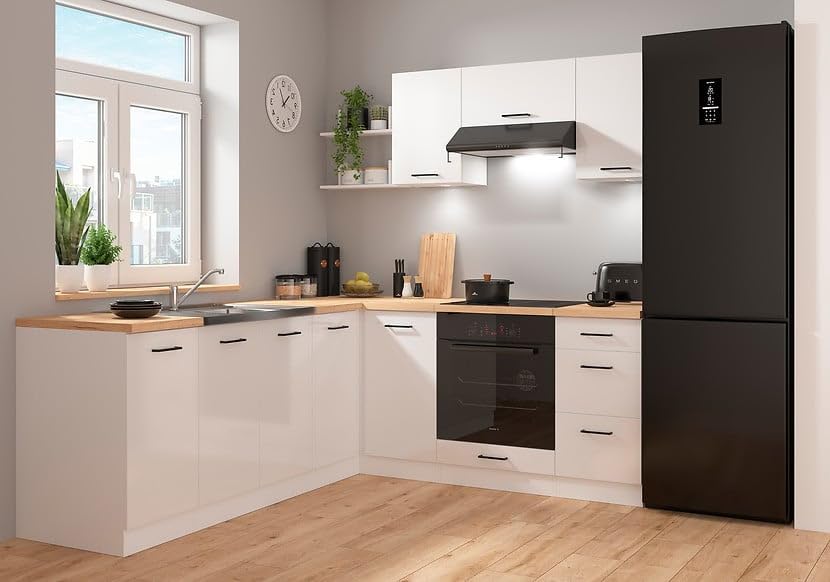 PEGANE Cuisine d'angle complète 200x220 cm, Meubles de Cuisine modulables Coloris Blanc/Craie Brillant, Plan de Travail Non Inclus