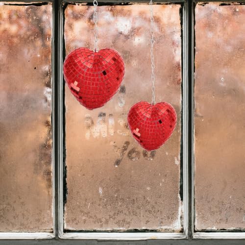 2 unidades de bolas espejadas colgantes en forma de corazón con cadena, bolas espejadas rojas de vidrio para decoración de fiestas, eventos y ambiente para el Día de San Valentín miniatura 5