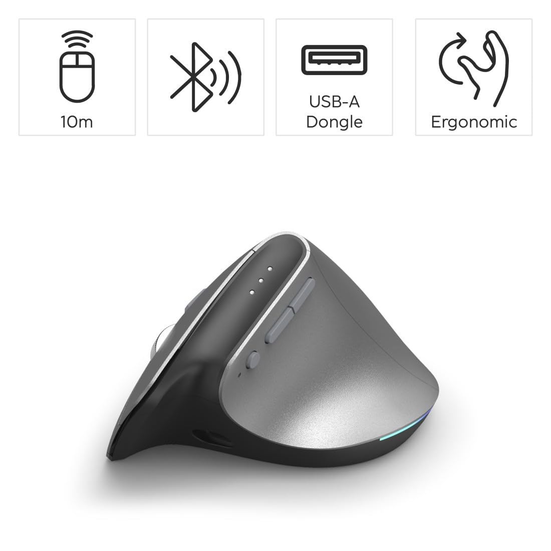 Hama Mouse verticale ergonomico destro senza fili e Bluetooth 'EWM-700R' (Multi-dispositivi, Rechageable USB C, Illuminazione RGB, Sensore Blue Wave 2400 dpi, Crittografia AES-128) Grigio