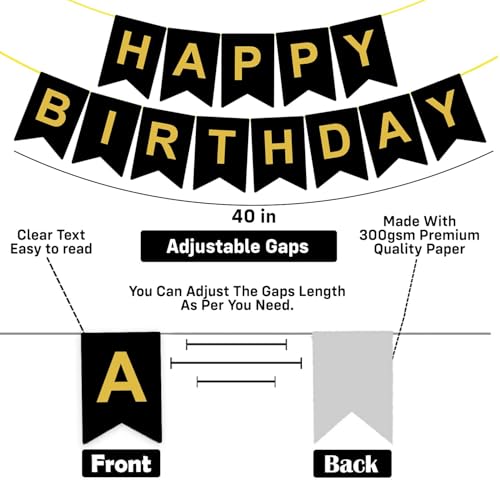 Image of Party Propz Latex, Cradstock Happy Birthday Banner - 115 Pcs Birthday Kit For Decoration, Balloons, Customized Birthday Banner With Name & Balloon Arch (Black, Gold, White)