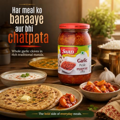 Image of SWAD Traditional Garlic Pickle Pack of 2 x 400g | Homemade Lahsun Achar | Authentic Indian Pickle | Spicy Garlic Condiment | Natural Ingredients | Ready to Eat