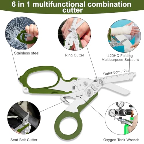 Image of 6 in 1 heavy-duty /trauma shears, Folding Retractable Emergency Shears, Outdoor Camping Tools, Seat Belt Cutter, Oxygen Cylinder Wrench, Complimentary Adjustable Wrench (army green)