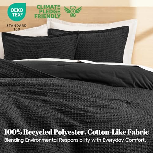 Image of PHF Soft Waffle Comforter Set King Size- Comfy Breathable Waffle Weave Comforter with 2 Pillow Shams, 3 Pieces Less Snagging Lightweight Textured Bedding Set for All Season, Black