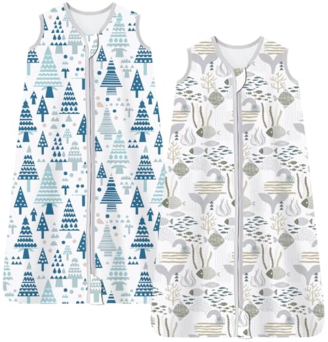 Chilsuessy Sommerschlafsack 2 Stücke Baby Schlafsack Sommer Schlafsack 0.5 Tog 100% Baumwolle Babyschlafsack Ärmellos für Neugeborene, Ozean + Wald, 78cm/6-12 Monate