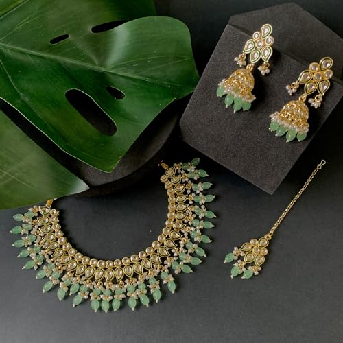 Image of I Jewels Gold Plated Traditional Kundan Pearl Meenakari Choker Necklace Jewellery With Jhumka Earrings Set For Women /Girls