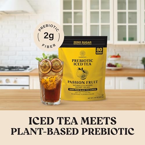 Image of Harmony Passion Fruit Prebiotic Black Iced Tea, 7.05 oz Bag, 80 Servings | Real black tea, Tropical passion fruit flavor, 80 servings per bag, Prebiotic plant fiber, 25 calories, Zero sugar