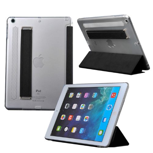 Moon Monkey Ipad Air (Ipad 5) Case in Pu Leather - Flip Cover and Stand with Automatic Wake / Sleep, Elastic Hand Strap & Soft Premium Nubuck Fibre Interior to Protect Apple Ipad Air (Ipad 5) (Black)