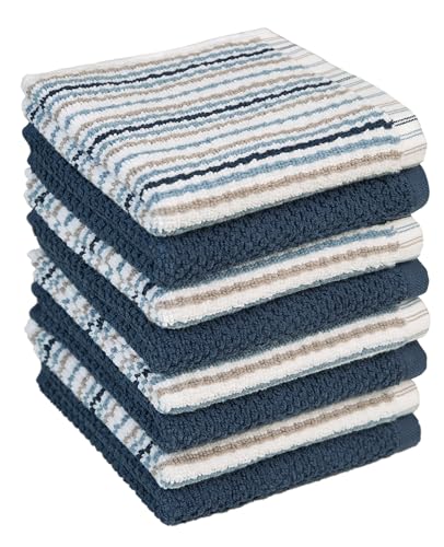 Bumble Premium Dish Cloths Towel 12"x12" | 100% Natural Ring Spun Cotton Tea Towel Set | 430 GSM | Highly Absorbent & Soft Dish Towels | 8 Pack - 4 Popcorn Striped & 4 Solid Kitchen Towels - Blue