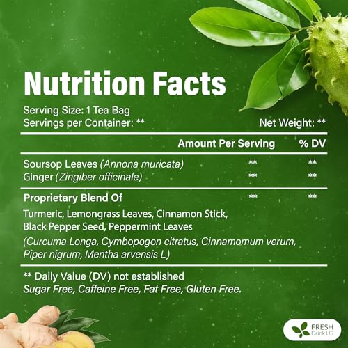 Image of FreshDrinkUS, Super Soursop Herbal Tea - 60 Tea Bags | Soursop, Ginger, Turmeric, Lemongrass, Cinnamon, Black Pepper & Peppermint | Caffeine-Free, Natural Flavor, Plant-Based Blend | Sugar-Free