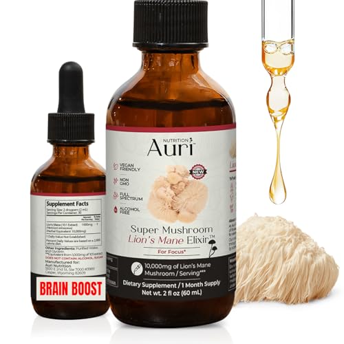Auri Nutrition Lions Mane Liquid Elixir - Brain Supplements for Memory and Focus with Functional Mushrooms - Lions Mane Supplement Full Spectrum Lions Mane Extract - No GMO Vegan Mushroom Tincture