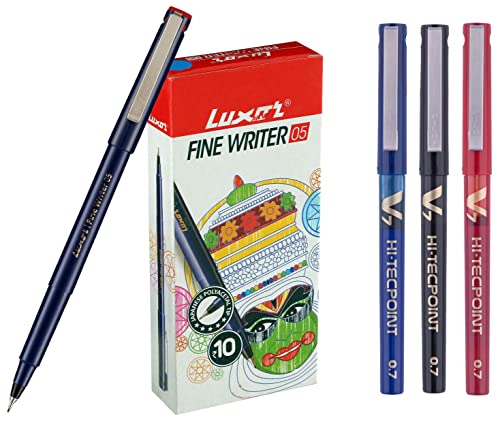 Image of Pilot V7 Liquid Ink Roller Ball Pen (1 Blue + 1 Black + 1 Red),multicoloured,9000014717 & Luxor Fine Writer Brown Color (pack Of 10 Pen)