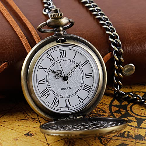 Realpoo Bronze Large Decorative Flower Pattern Pocket Watch White Roman Numeral Scale Quartz Pocket Watches For Men With Chain Christmas/Graduation/Birthday/Father's Day #TOP3