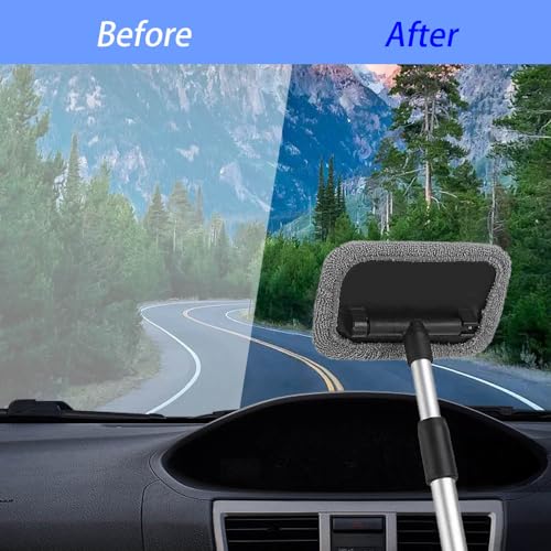 Car Cleaning Window Tool, Windshield Cleaner with Microfiber Cloth & Extendable Handle, Windshield Cleaning Tool, Car Interior Accessories Car Wash Tools Fit for Auto Glass Wiper