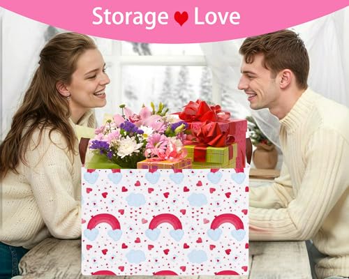 Image of Valentines Day Basket Large Foldable Heart Shaped Storage Box for Gifts Kids Empty Storage Bins Rectangular Toy Organizer Decor (Rainbow Love)