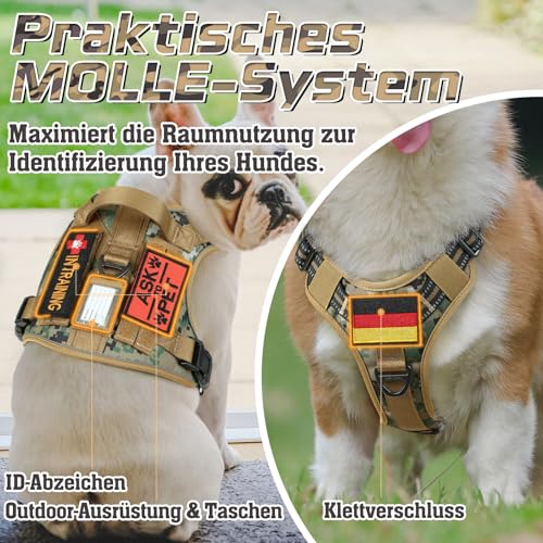 rabbitgoo Hundegeschirr Mittelgroße Hunde, Anti Zug Geschirr Hund Verstellbar mit Griffe Verbreitert, Robust Taktisches Hundegeschirr mit Metallschnallen zum Wandern(M, Camouflage Braun)