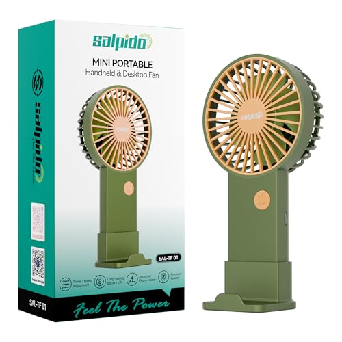 Image of Mini Portable Handheld & Desktop Fan with Phone Holder, 3-Speed Adjustment, Type-C Charging (Cable Included), Silent Compact Travel Fan for Office, Desk, Home & Outdoor Use (SAL-TF01 -Green)
