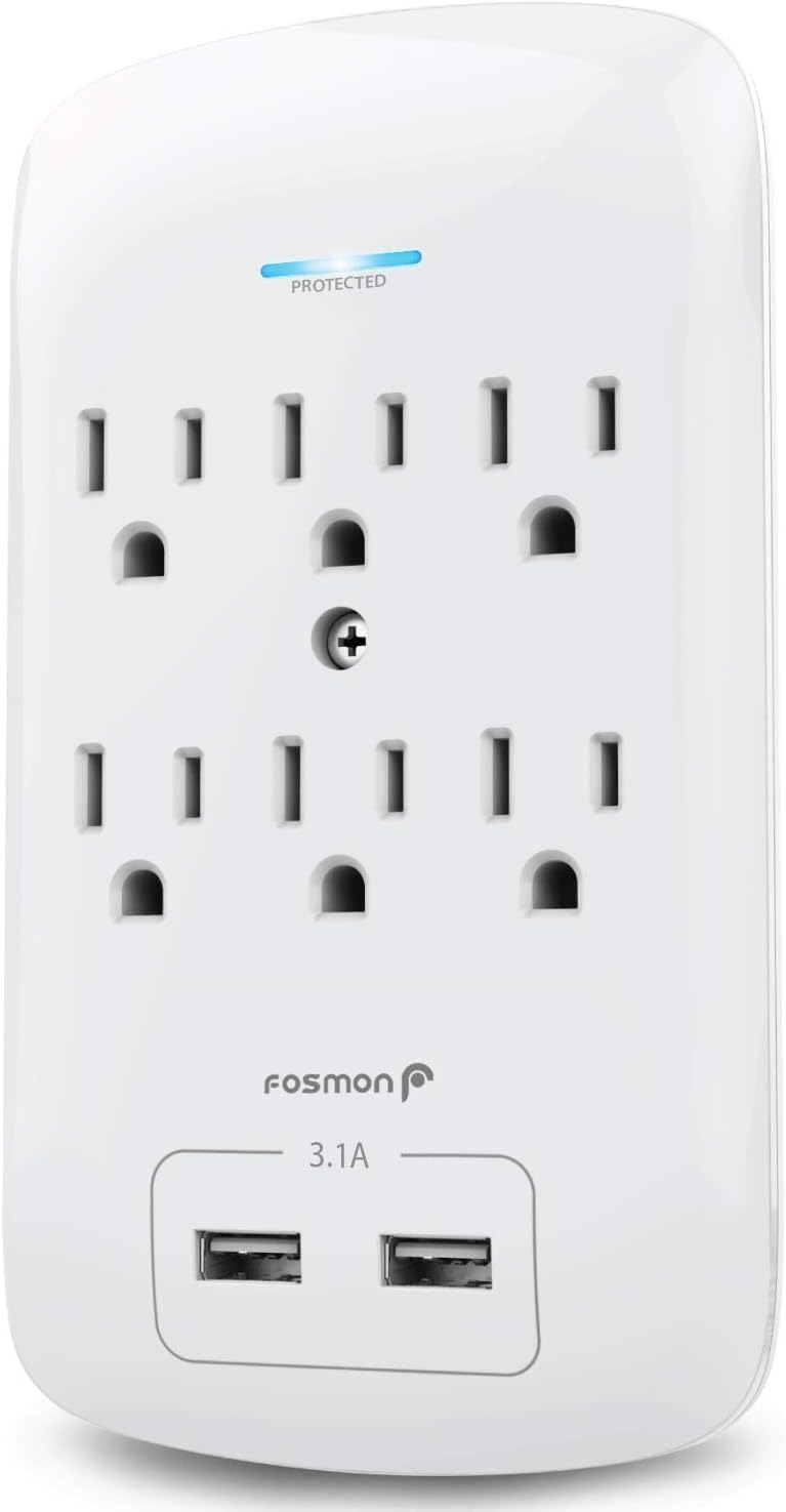 Fosmon 6 Outlet Wall Surge Protector Outlet Wall Mount, USB in Wall Charger Surge Protector (1200 Joules), 2 USB ports 3.4A, 1875W, 3-Prong Grounded